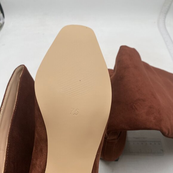 Women Square Toe Knee High Boots Wide Calf Low Chunky Heel Flat Long Boots Brown - Picture 5 of 7